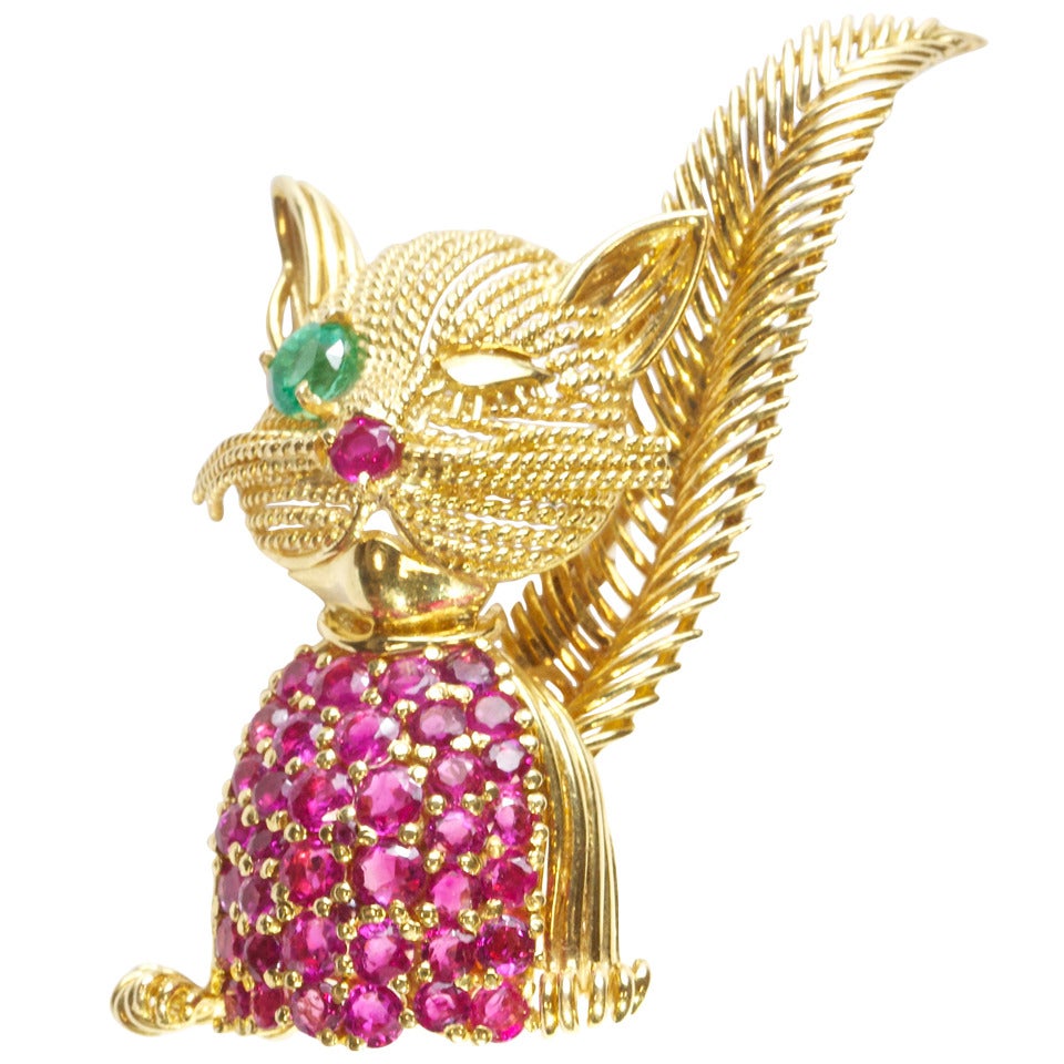 Tiffany & Co. Ruby Emerald Gold Cat Brooch