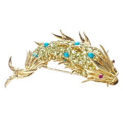 Retro Spectacular Tiffany & Co. Schlumberger Peridot Turquoise Ruby Gold Fish Brooch