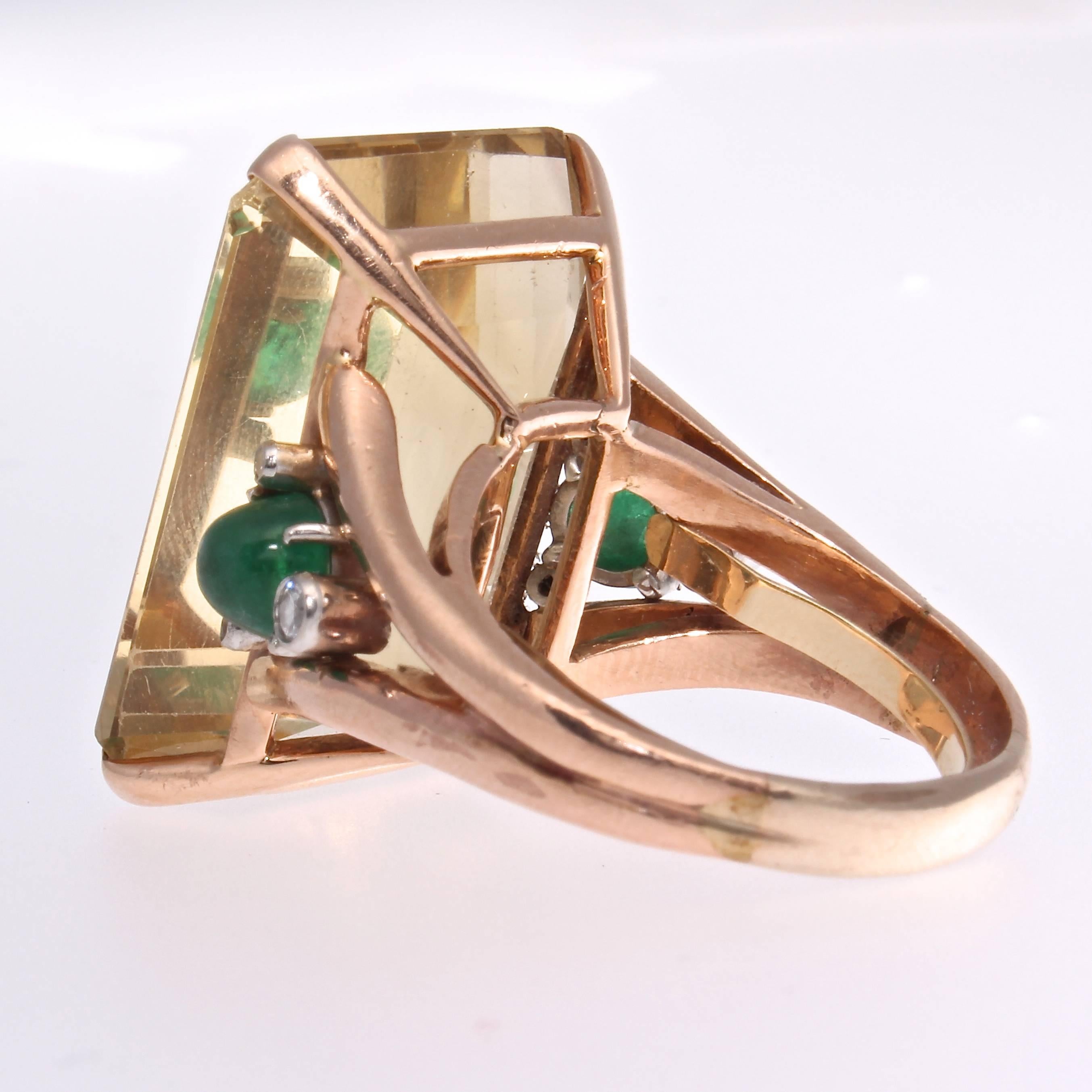 Women's Retro Citrine Emerald Diamond Gold Cocktail Ring
