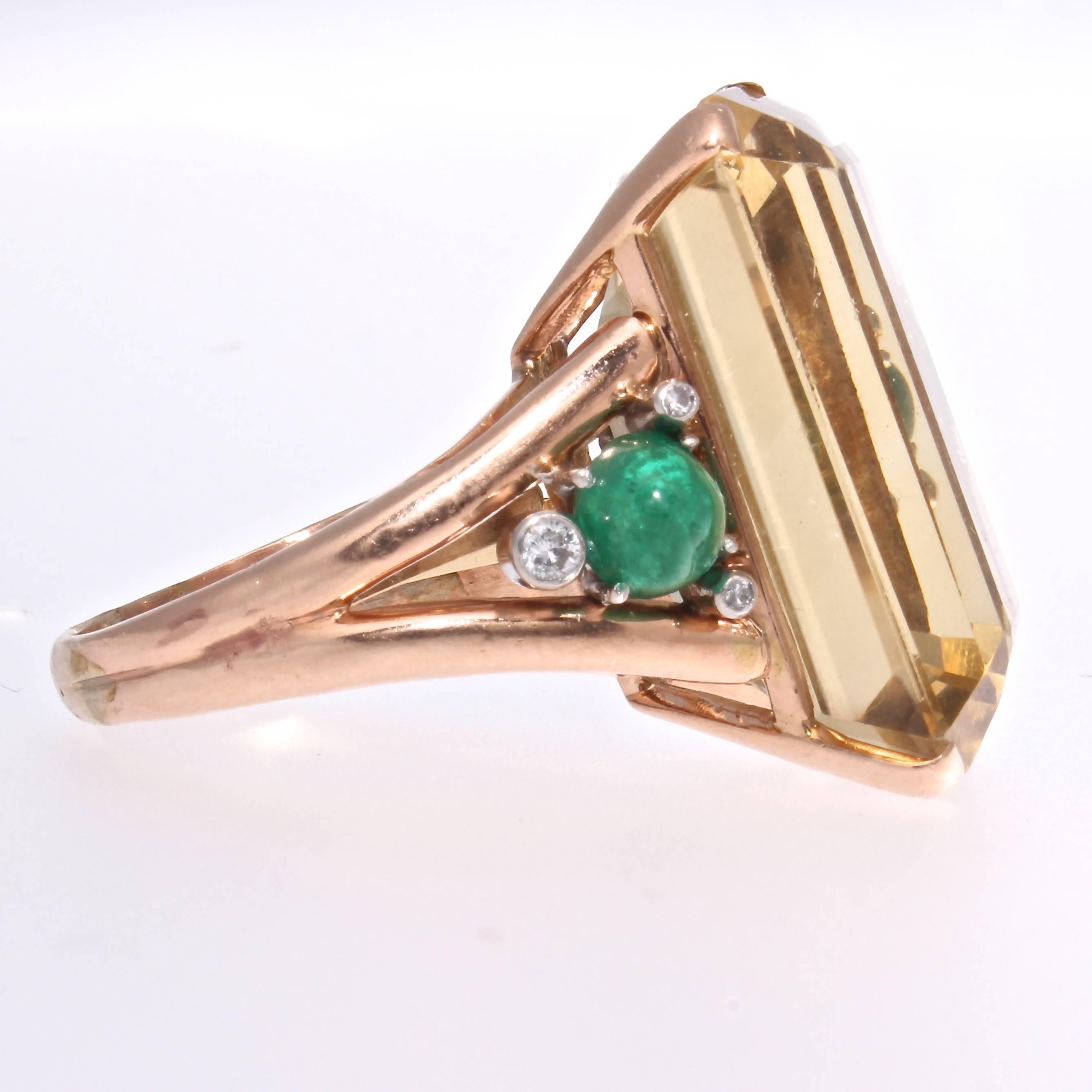 Retro Citrine Emerald Diamond Gold Cocktail Ring In Excellent Condition In Beverly Hills, CA