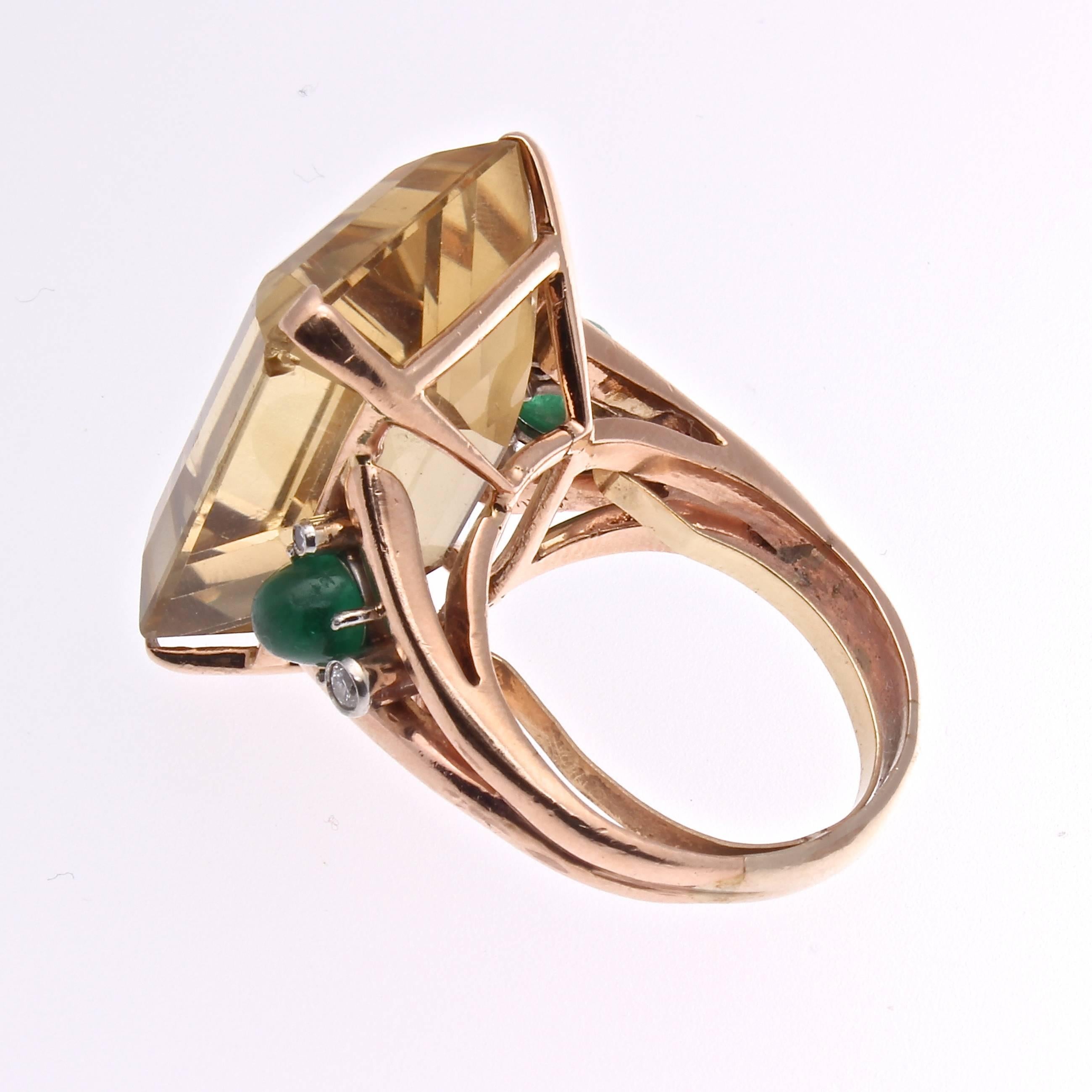 Retro Citrine Emerald Diamond Gold Cocktail Ring 1