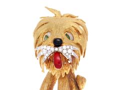 Adorable Enamel Diamond Gold Dog Brooch
