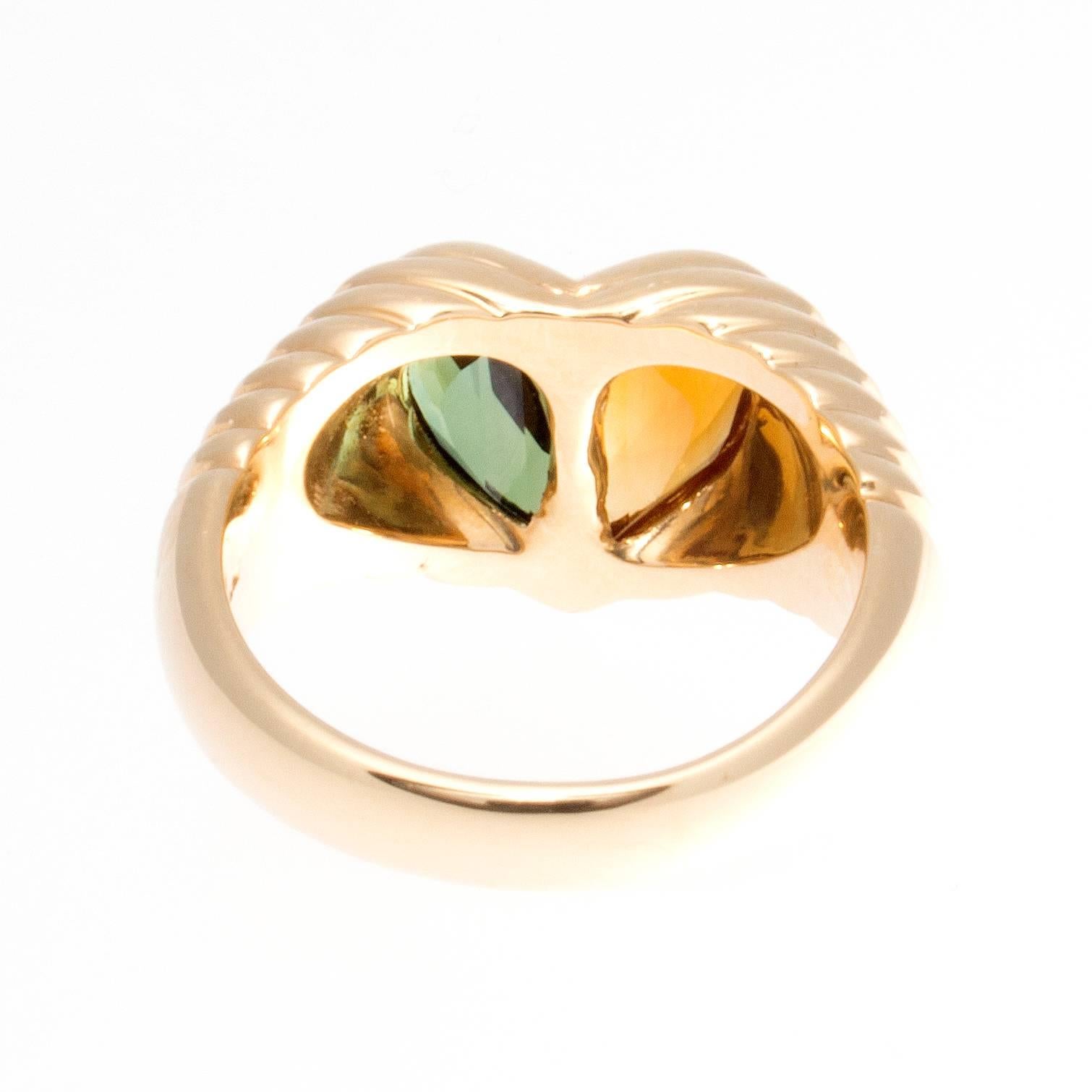 Modern Bulgari Two Stone Heart Gold Ring