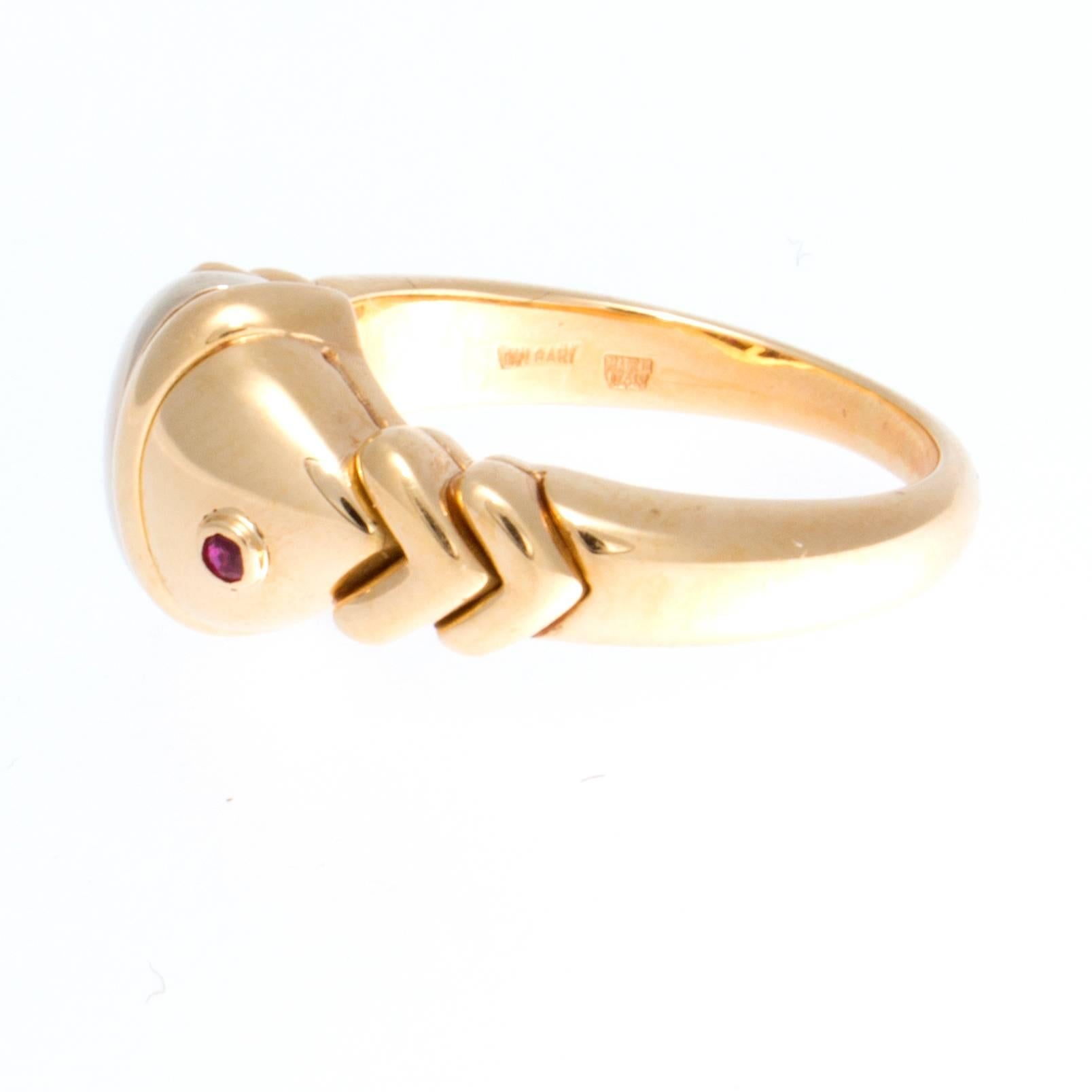Stylish and colorful from Bulgari. Designed in 18k gold featuring a single red ruby. Signed Bvlgari. Ring size 6-3/4 and may be resized.
