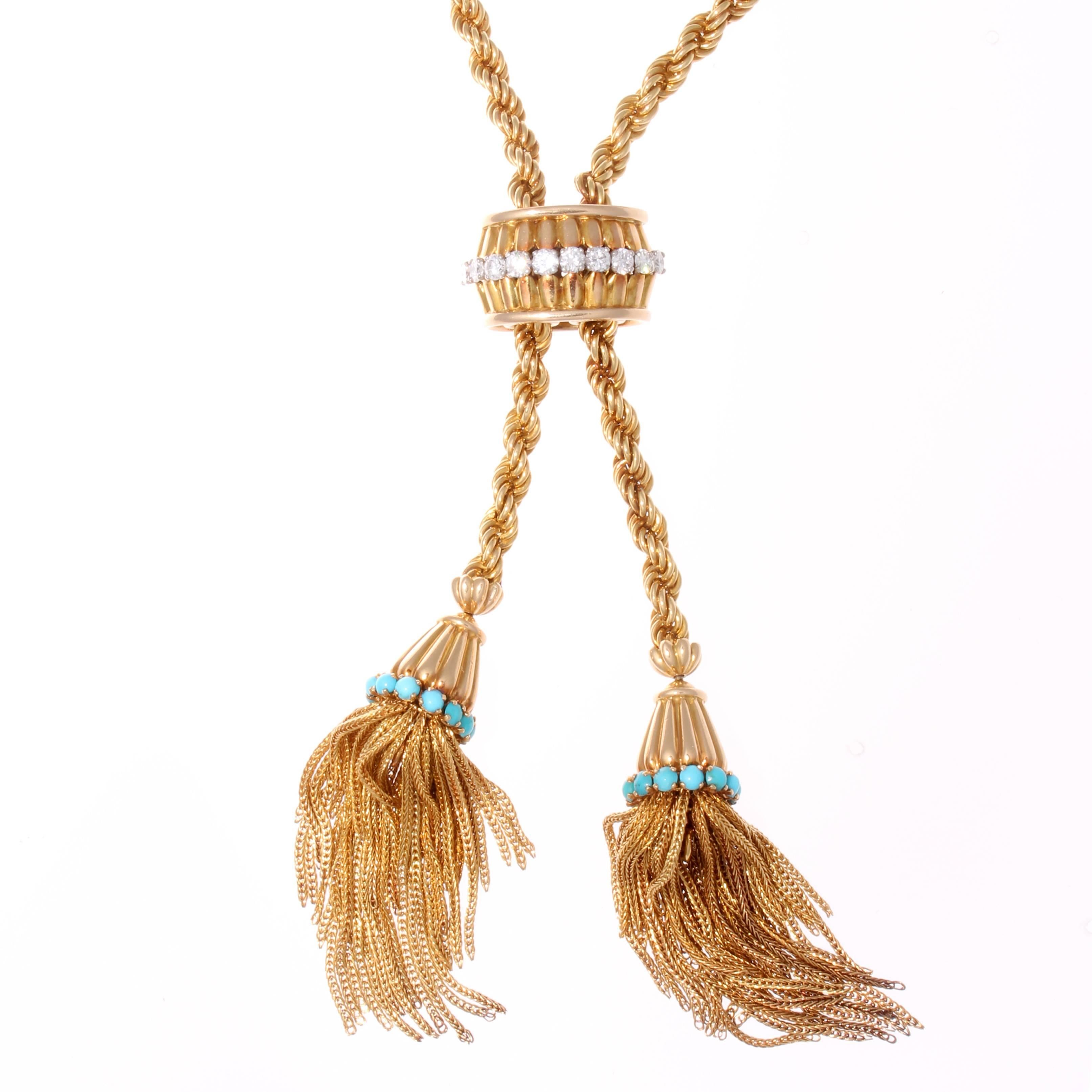 Women's Diamond Turquoise Gold Tassel Necklace