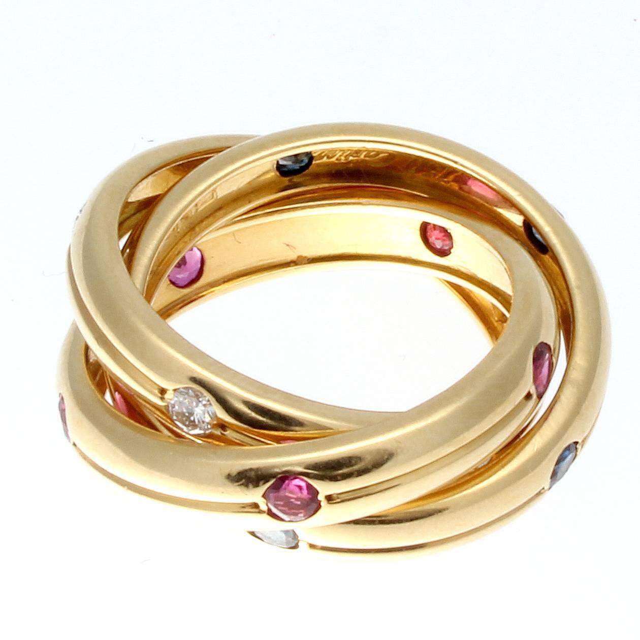 Modern Cartier Trinity Ruby Sapphire Diamond Gold Ring