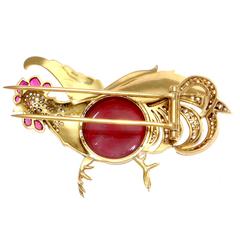 Carnelian Diamond Ruby Gold Rooster Brooch