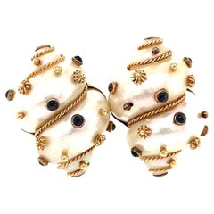 Vintage Maz Sapphire 14 Karat Gold Mother of Pearl Seashell Earrings