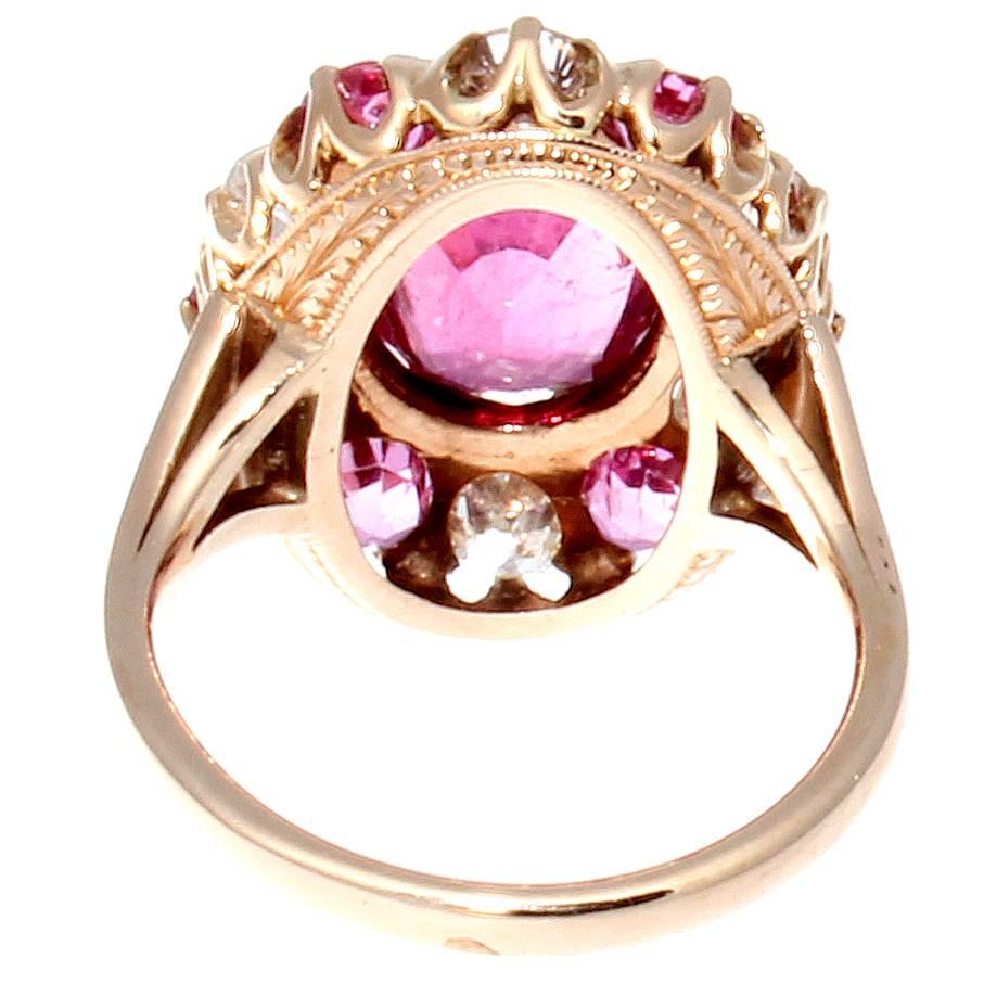 French Belle Epoque Vivid Pink Rubelite Sapphire Diamond Gold Ring 1