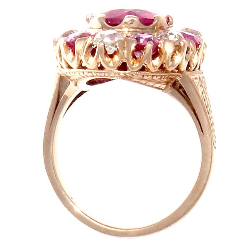 Women's French Belle Epoque Vivid Pink Rubelite Sapphire Diamond Gold Ring