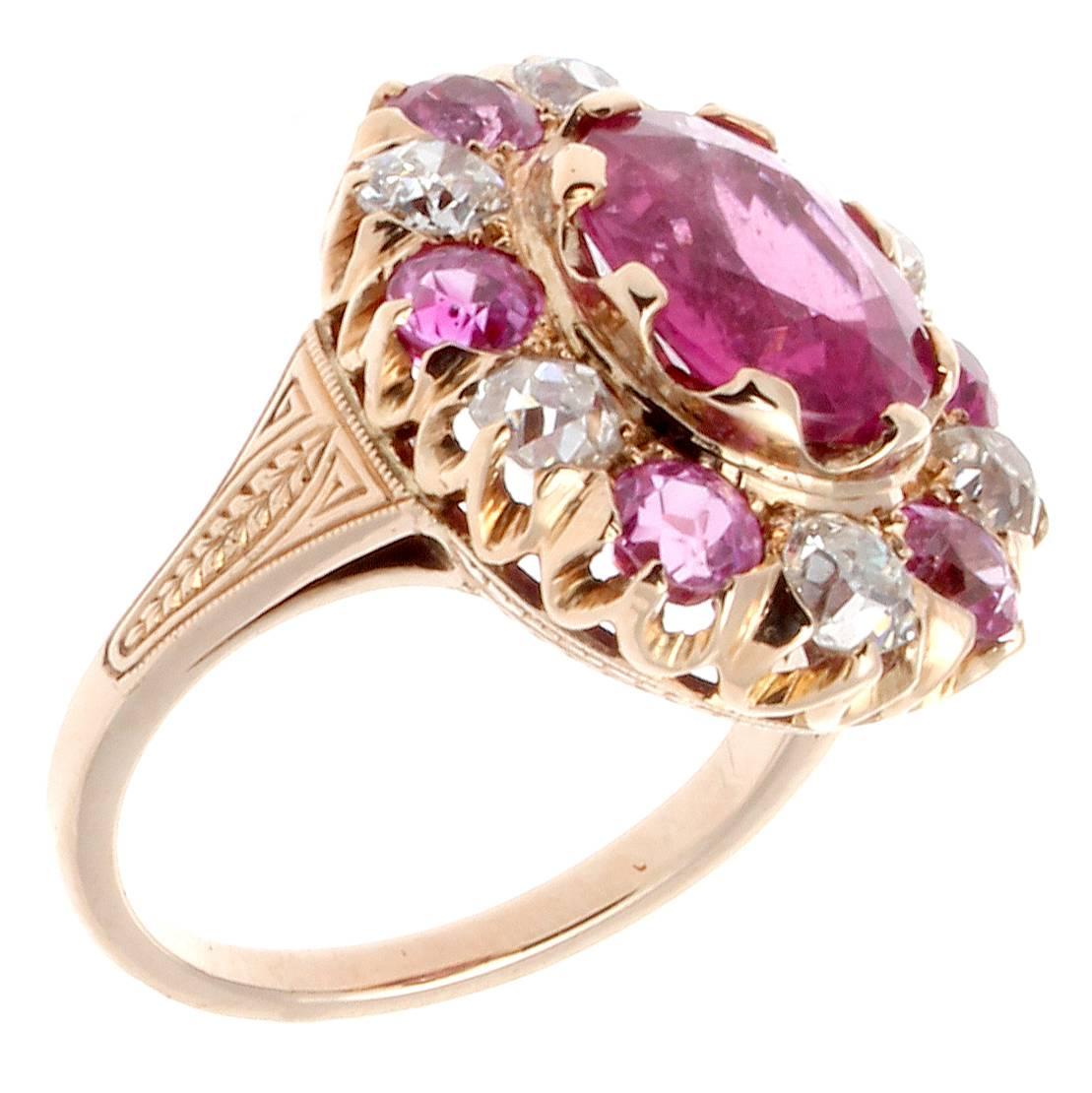 Edwardian French Belle Epoque Vivid Pink Rubelite Sapphire Diamond Gold Ring