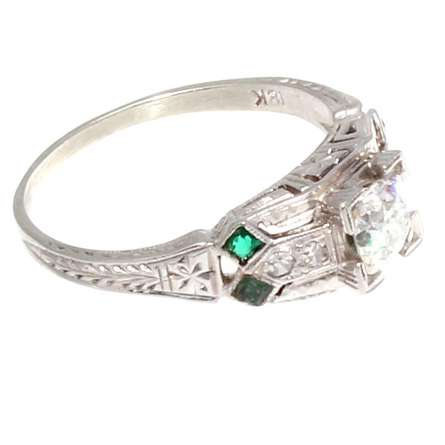 Art Deco Emerald Diamond Platinum Engagement Ring at 1stdibs