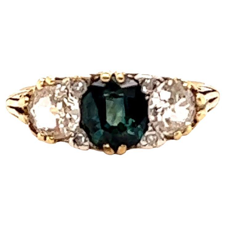Antique English GIA Sapphire Diamond 18 Karat Gold Three Stone Ring