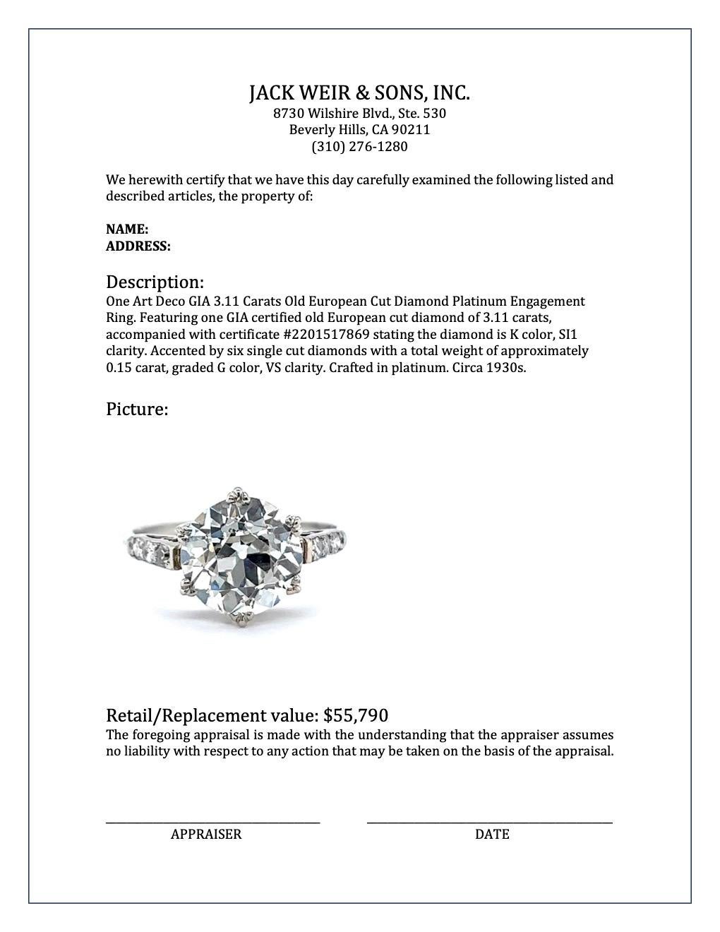 Art Deco GIA 3.11 Carats Old European Cut Diamond Platinum Engagement Ring 2