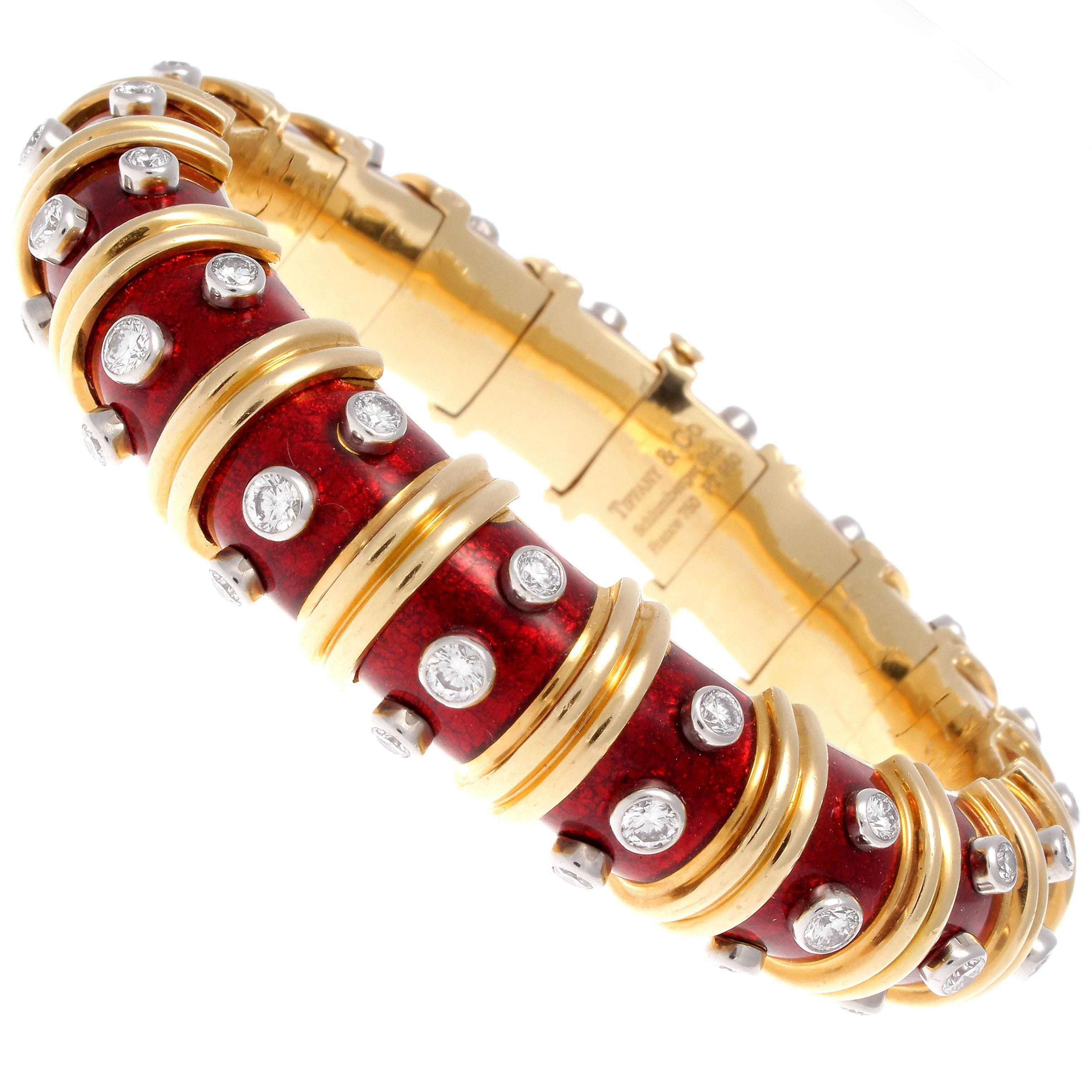 Tiffany & Co. Schlumberger Red Enamel Paillonne Diamond Gold Bangle Bracelet In Excellent Condition In Beverly Hills, CA