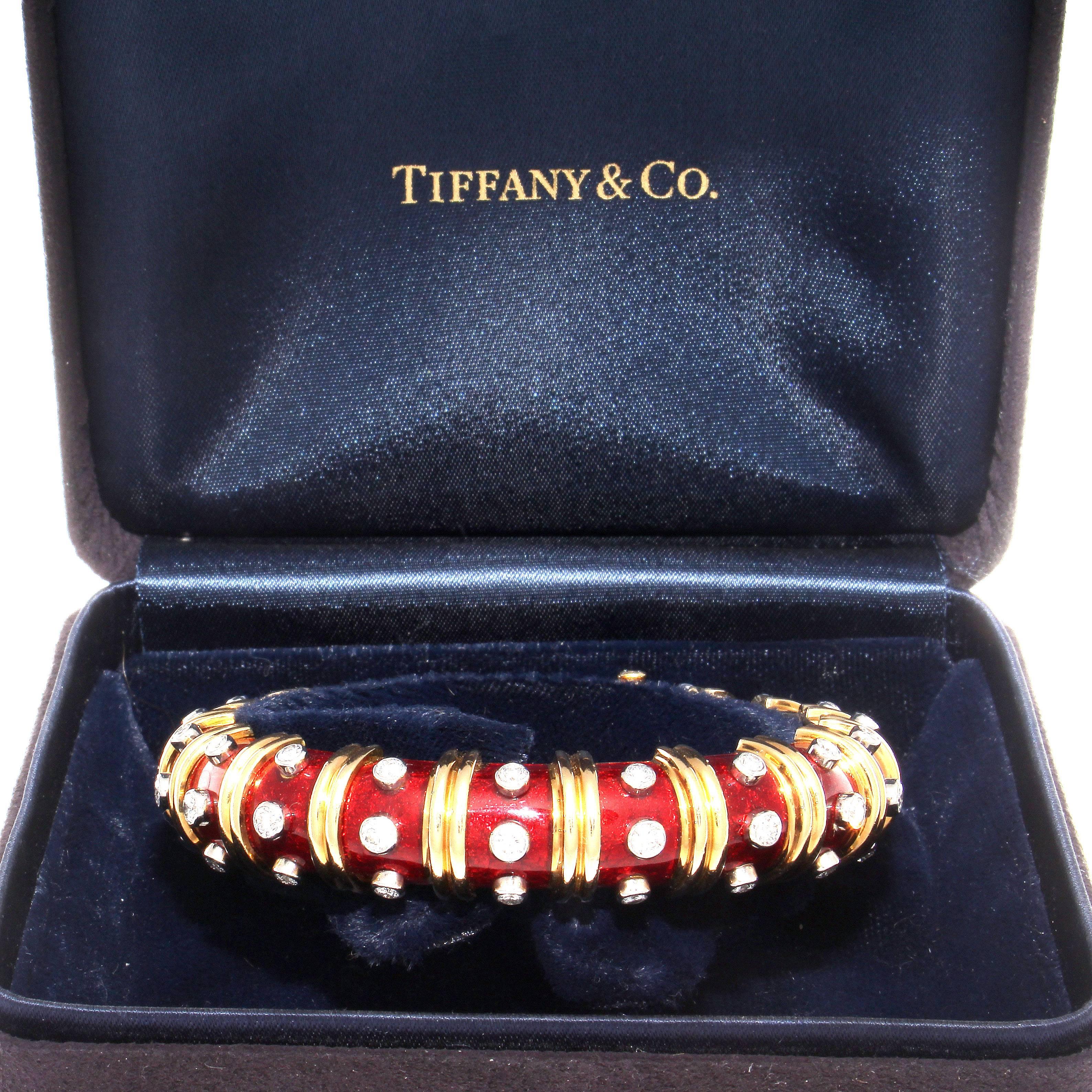 Women's Tiffany & Co. Schlumberger Red Enamel Paillonne Diamond Gold Bangle Bracelet