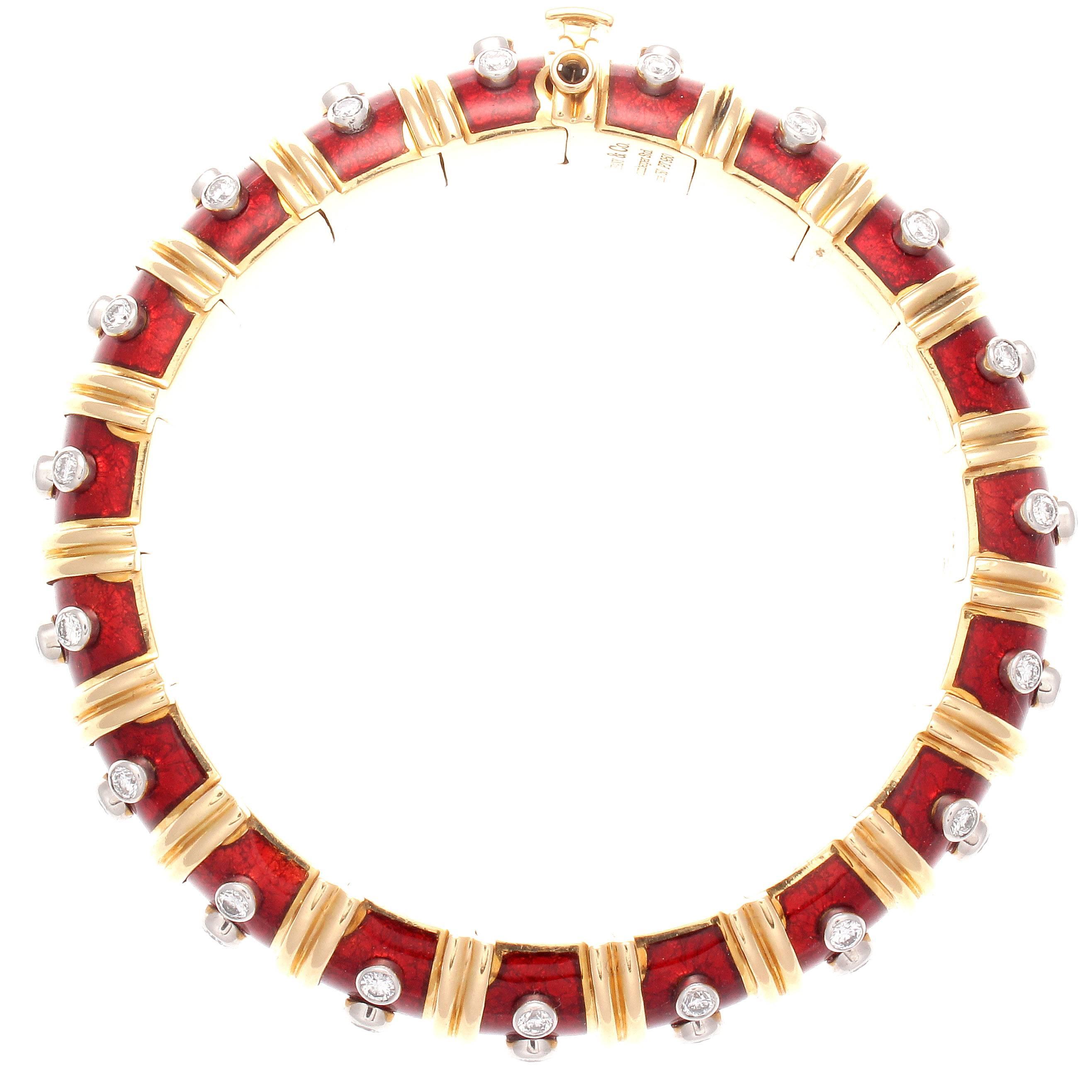 Modern Tiffany & Co. Schlumberger Red Enamel Paillonne Diamond Gold Bangle Bracelet