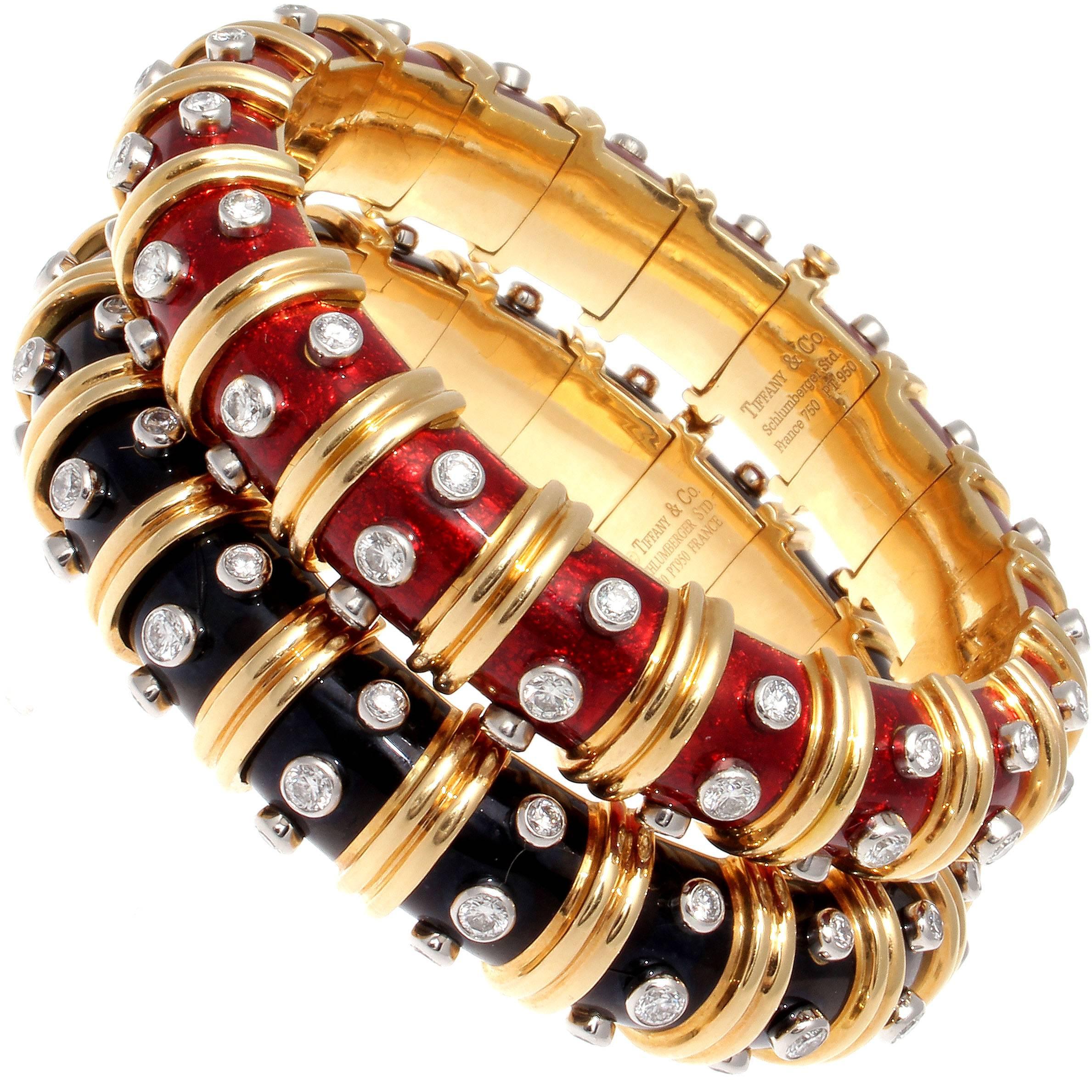 Tiffany & Co. Schlumberger Red Enamel Paillonne Diamond Gold Bangle Bracelet 1
