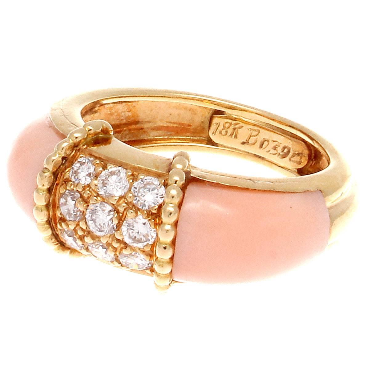 French Angel Skin Coral Diamond Gold Ring In Excellent Condition In Beverly Hills, CA
