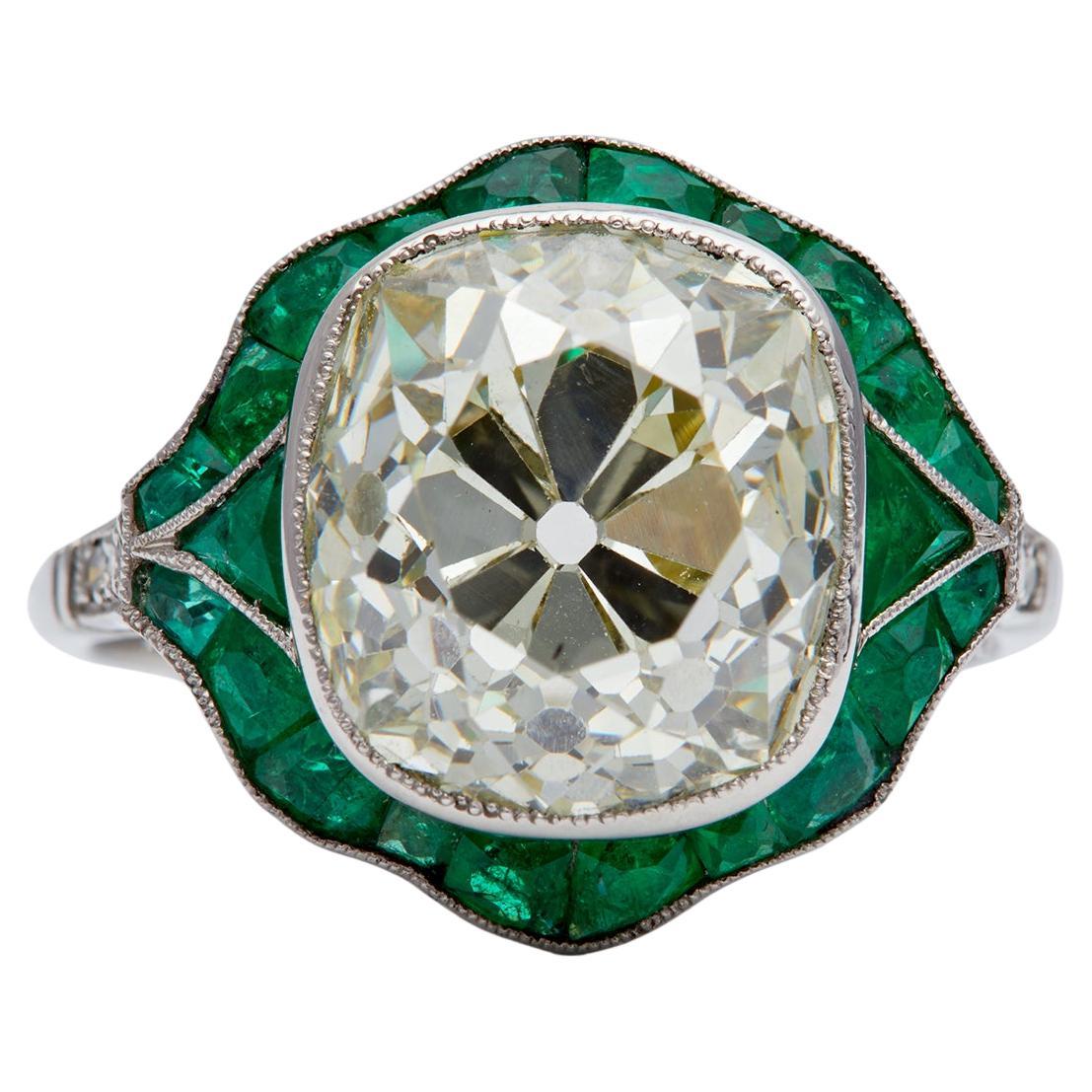 Art Deco Inspired GIA 6.62 Carats Old Mine Cut Diamond Emerald Platinum Ring