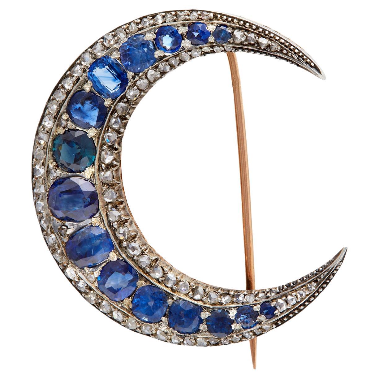 Antique French Sapphire Diamond 18k Rose Gold Silver Crescent Moon Brooch