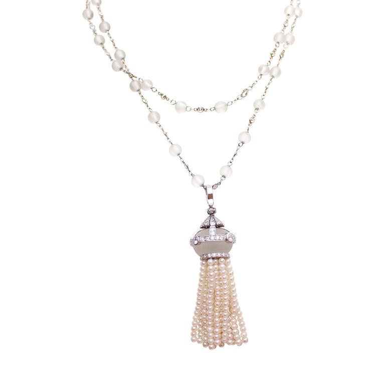 Elegant Rock Crystal Diamond Pearl Platinum Tassel Necklace For Sale at ...