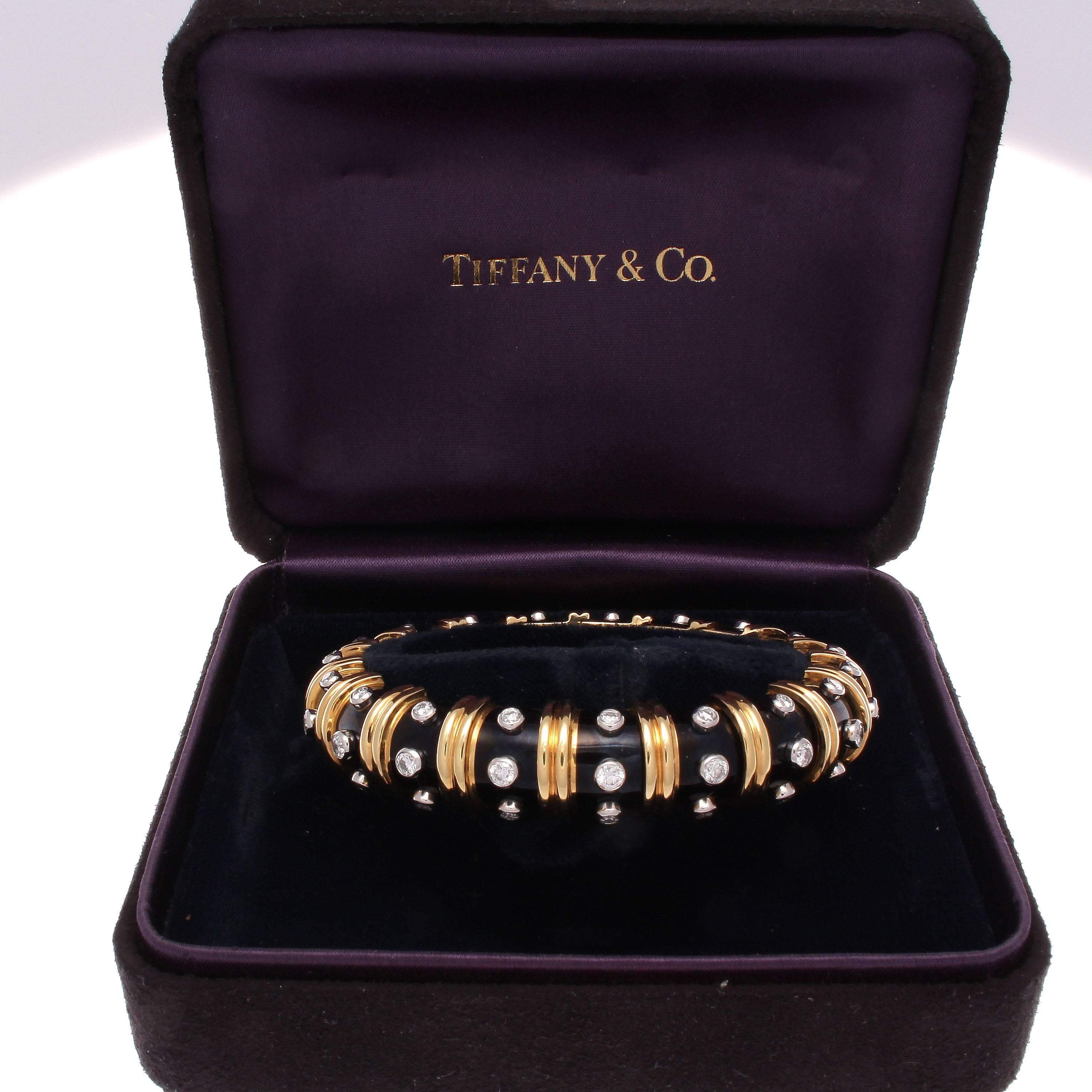 Modern Tiffany & Co. Schlumberger Enamel Paillonne Diamond Gold Bangle Bracelet