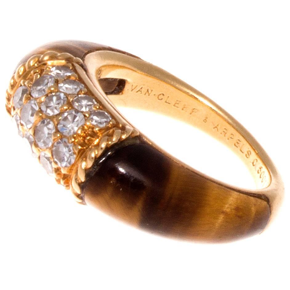 Van Cleef & Arpels Tiger's Eye Diamond Gold Philippine Ring In Excellent Condition In Beverly Hills, CA