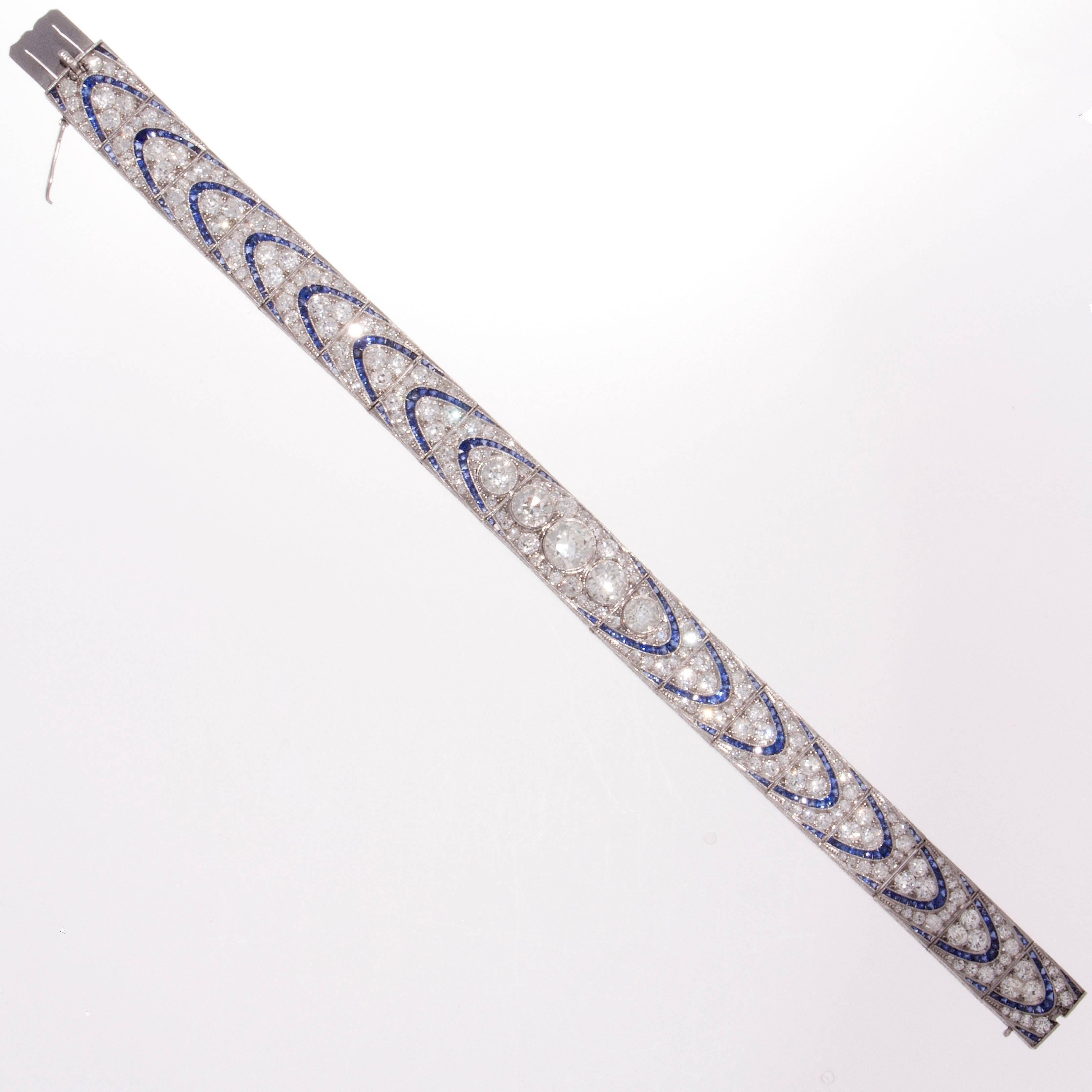 Art Deco Sapphire Diamond Platinum Bracelet In Excellent Condition In Beverly Hills, CA