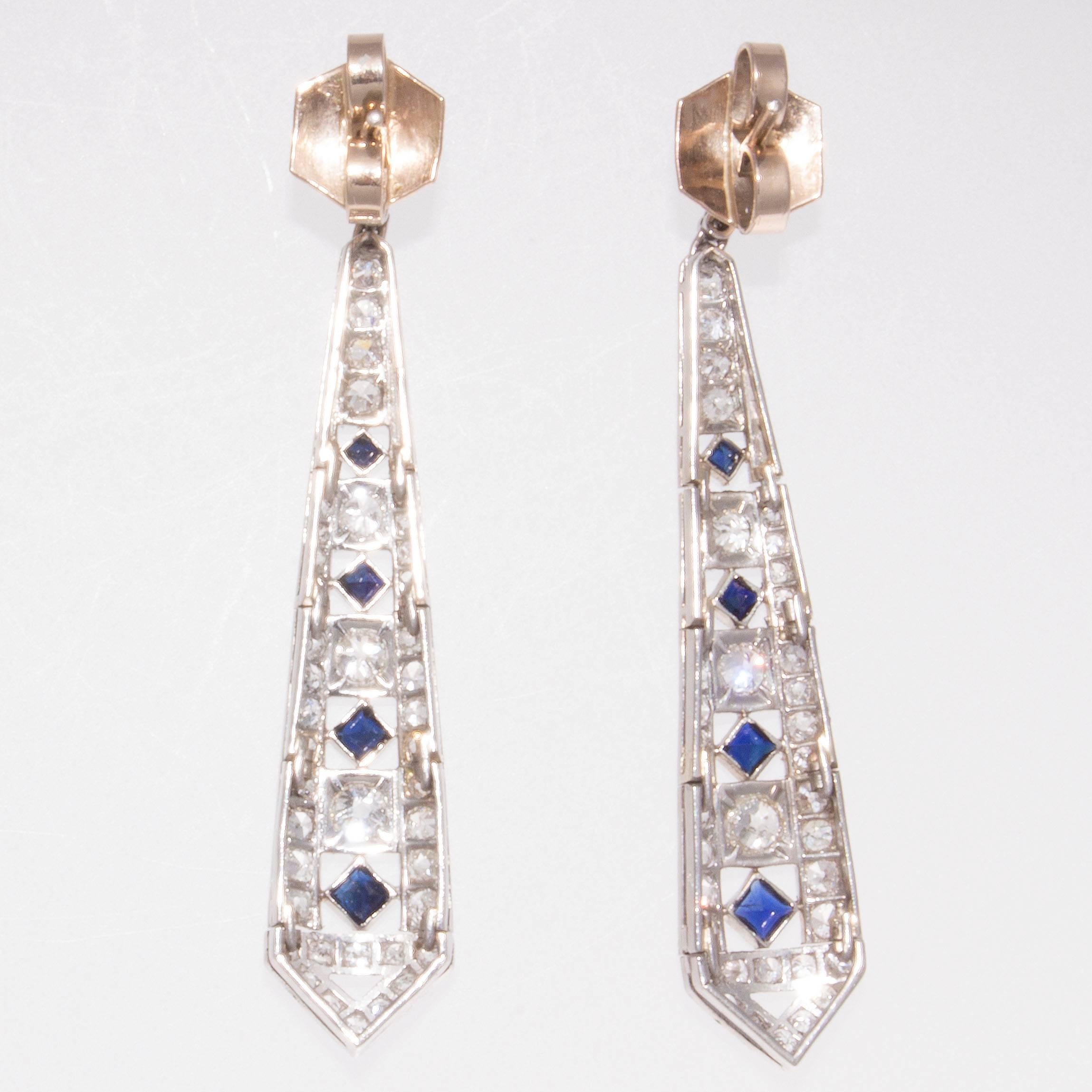 Art Deco Diamond Sapphire Platinum Earrings In Excellent Condition In Beverly Hills, CA