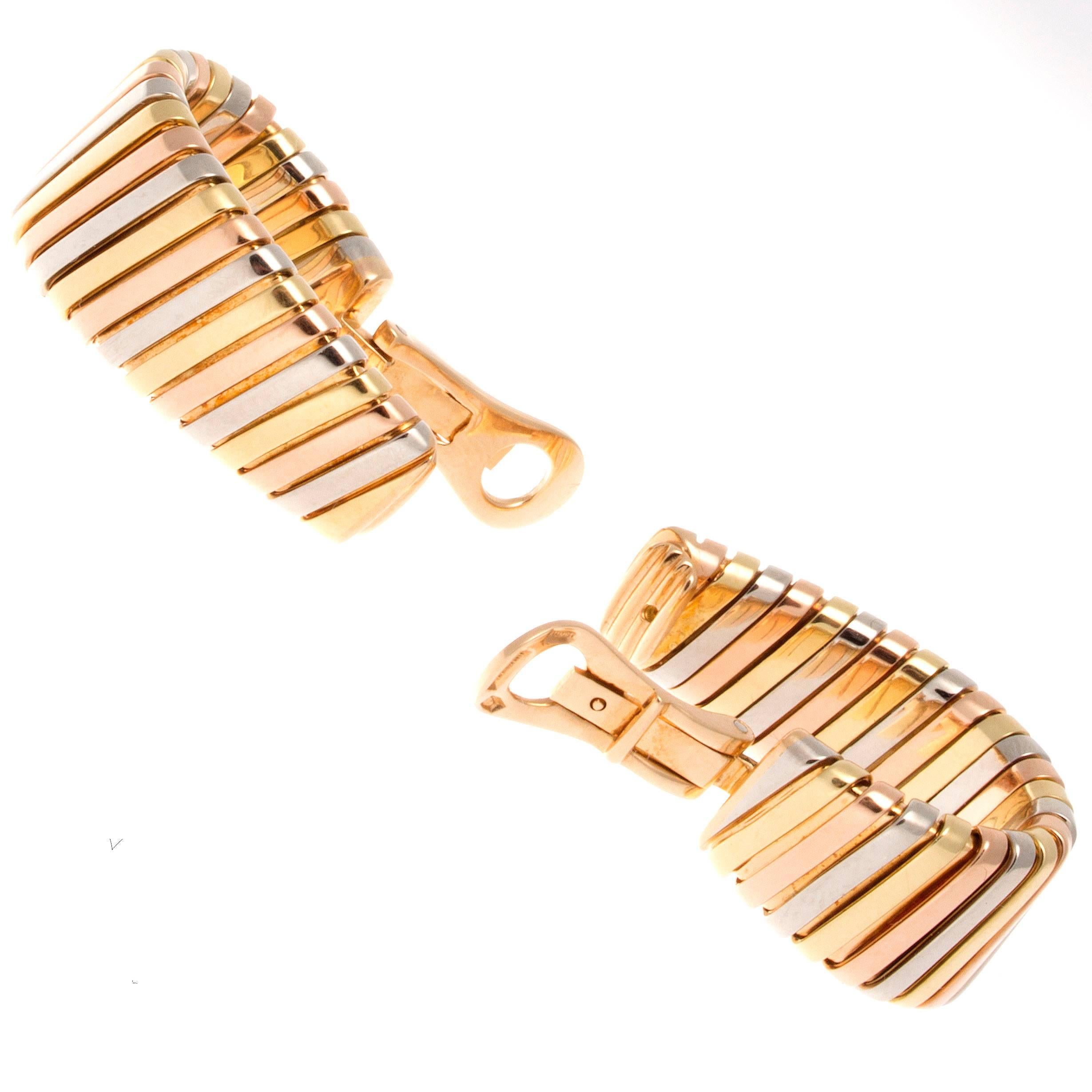 Pink, yellow and white ribbed 18k gold large hoop earrings from Bulgari. Outstanding design and craftsmanship.  Signed Bvlgari.