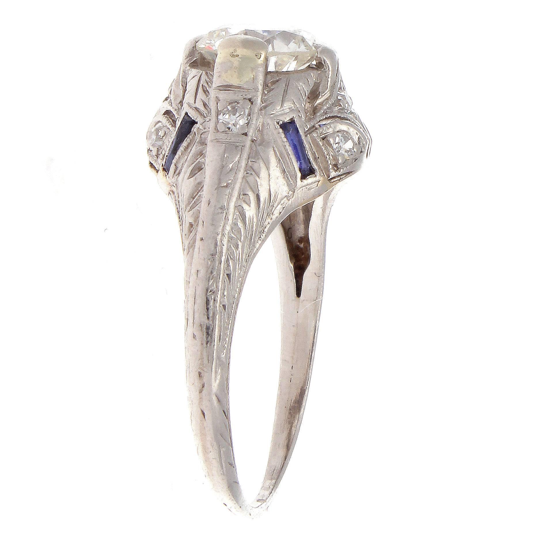 Art Deco Diamond Sapphire Platinum Engagement Ring In Excellent Condition In Beverly Hills, CA
