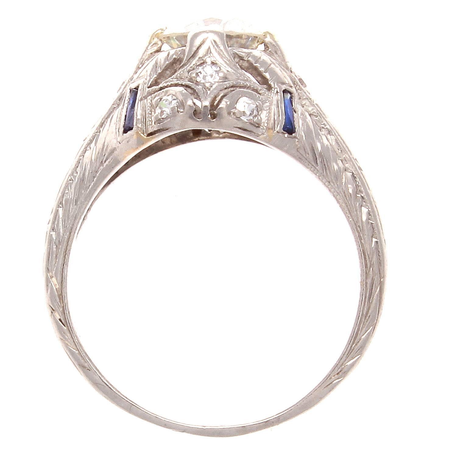 Women's Art Deco Diamond Sapphire Platinum Engagement Ring