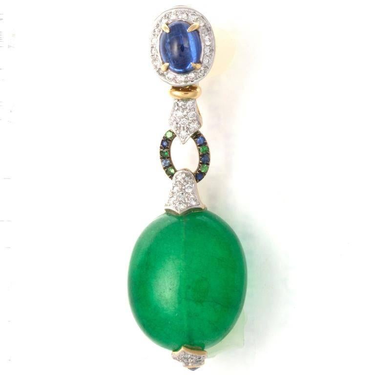 Modern Large Green Quartz Sapphire Diamond Gold Platinum Earrings
