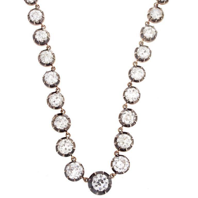 Embellishing the British monarchy, this necklace is influenced by one of the most significant time periods of evolving jewelry and how we know it today. Designed with 63 old European cut diamonds weighing 17.44 carats. The diamonds are superbly