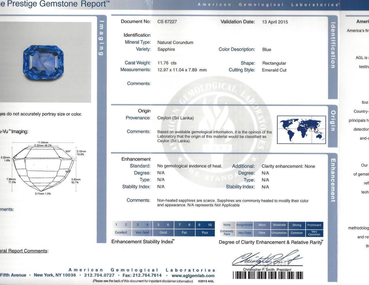 11.76 Carat AGL Ceylon Sapphire Diamond Platinum Ring 1