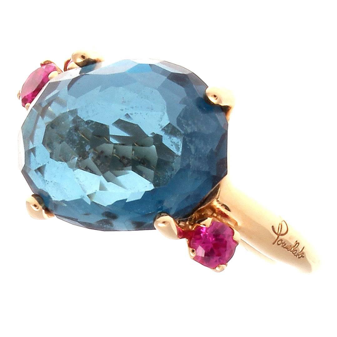 Pastel colors combined with Pomellato's untraditional designs has captured the essence of Mediterranean life which is what inspired the Bahia collection. Featuring an uniquely cut lively blue cabochon cut topaz accented perfectly by vibrant pink