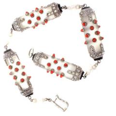 Rock Crystal Coral Onyx Diamond Platinum Bracelet