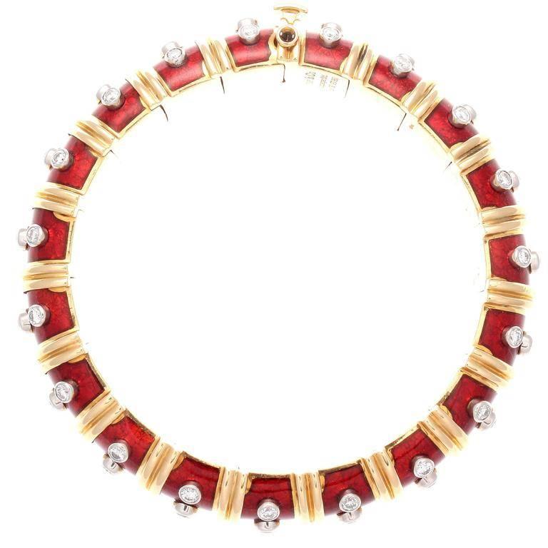 Tiffany & Co. Schlumberger Red Enamel Paillonne Diamond Gold Bangle Bracelet In Excellent Condition In Beverly Hills, CA