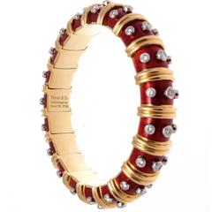 Tiffany & Co. Schlumberger Red Enamel Paillonne Diamond Gold Bangle Bracelet