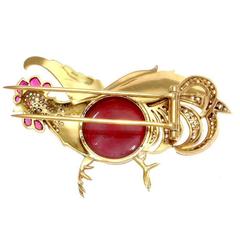 Carnelian Diamond Ruby Gold Rooster Brooch