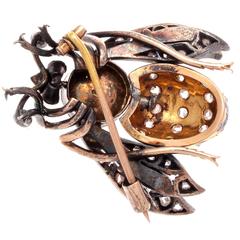 Antique Art Nouveau Enamel Tiger Eye Ruby Diamond Silver Gold Bumble Bee Brooch