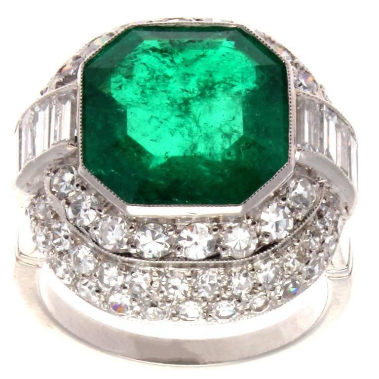 Modern 5.45 Carat AGL Certified Colombian Emerald Diamond Platinum Ring