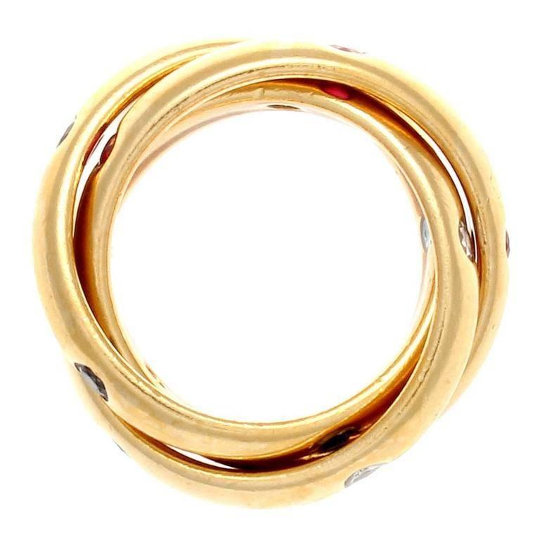 Modern Cartier Trinity Ruby Sapphire Diamond Gold Ring