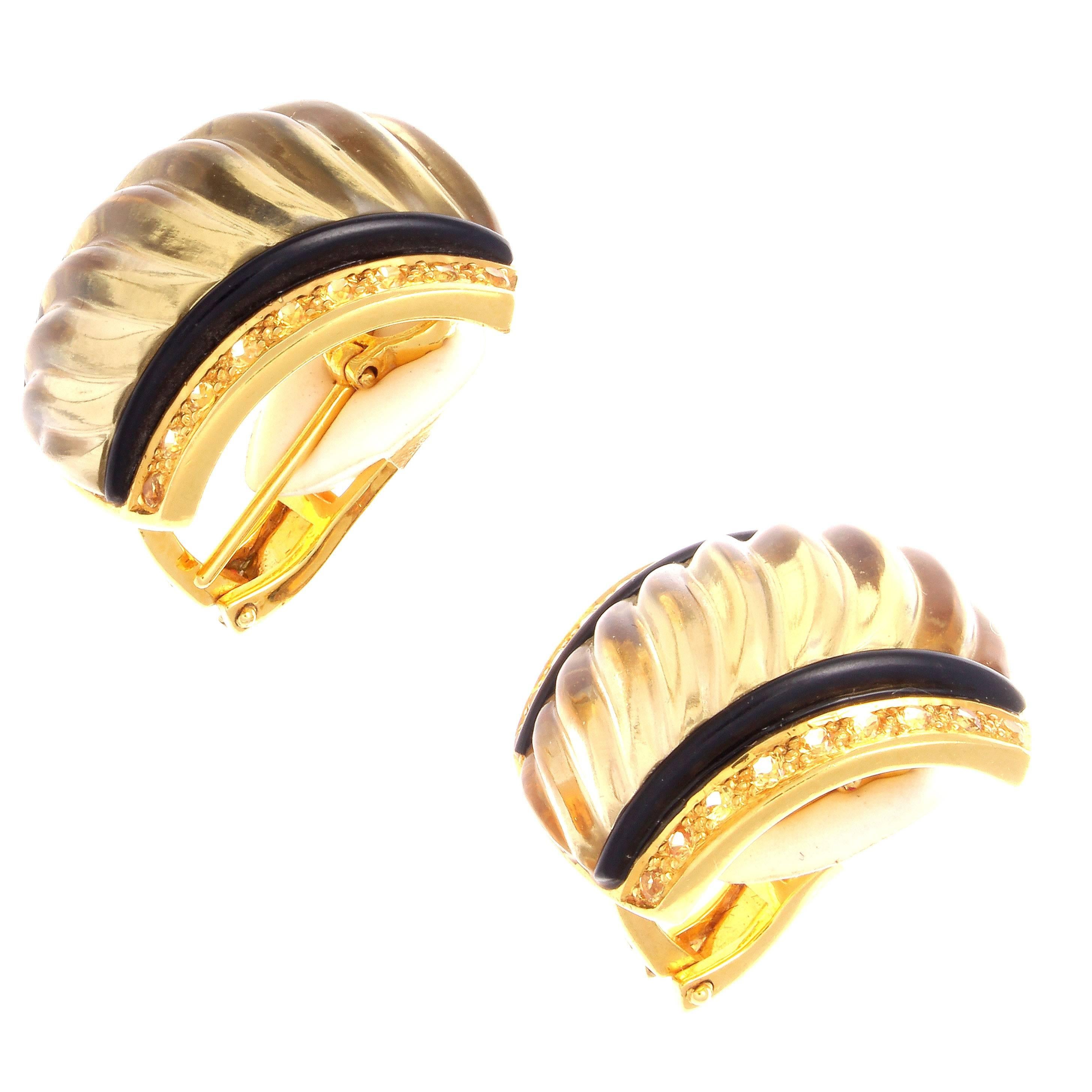 Carved Rock Crystal Yellow Sapphire Onyx Gold Earrings In Excellent Condition In Beverly Hills, CA