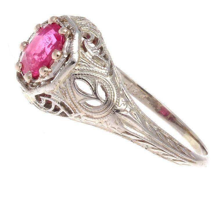 Art Deco Pink Sapphire Diamond Gold Engagement Ring In Excellent Condition In Beverly Hills, CA