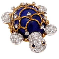 Hammerman Lapis Diamond Sapphire Gold and Platinum Turtle Brooch