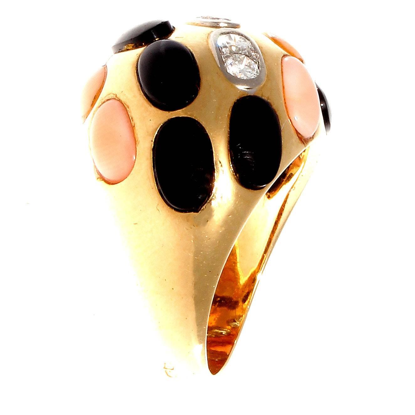 Coral Diamond Onyx Gold Dome Ring 1