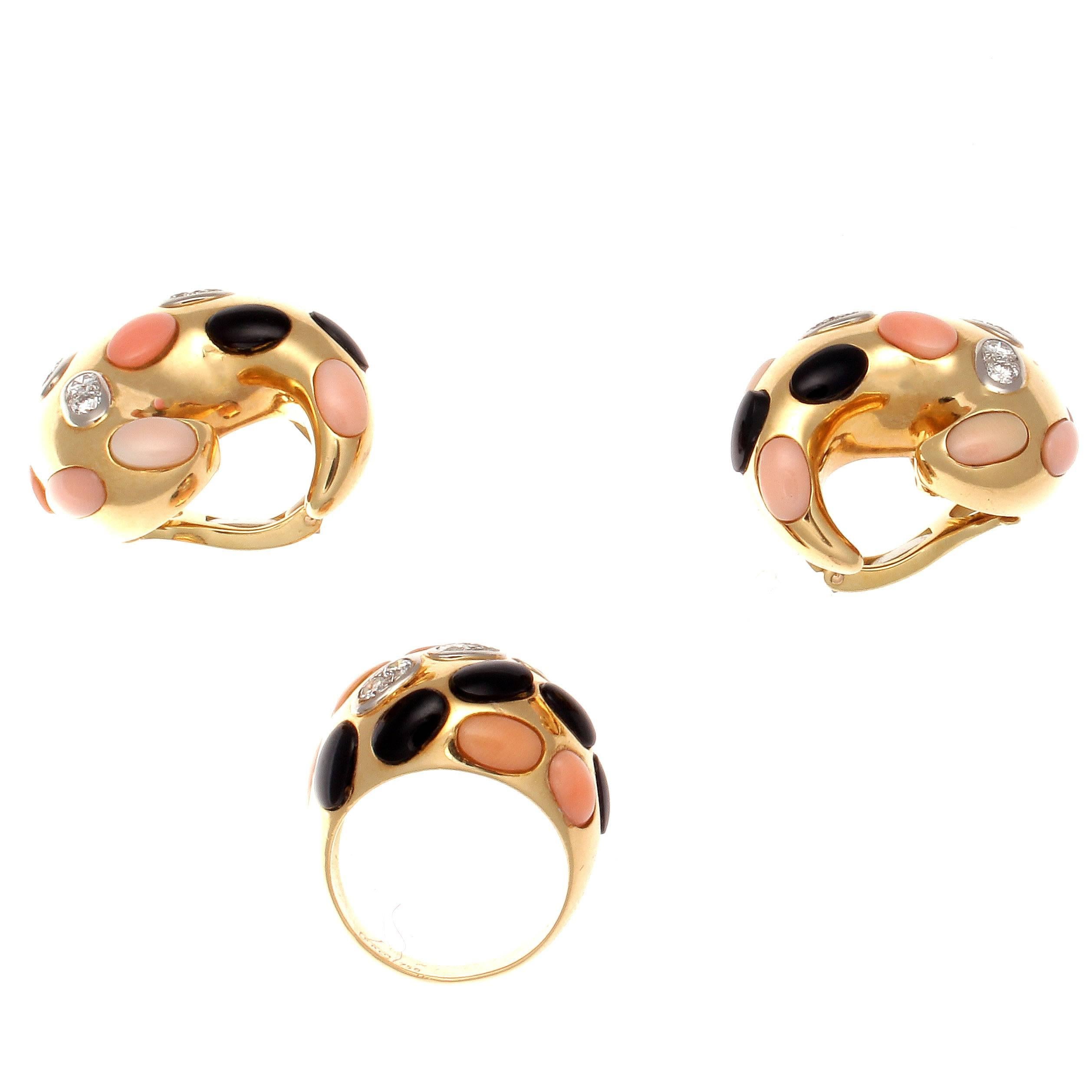 Women's Coral Onyx Diamond Gold Earrings