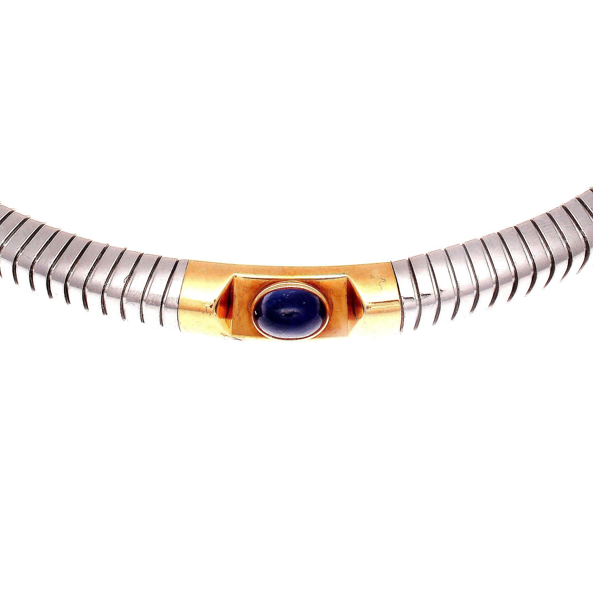 Combining two of Bulgari's most iconic designs, cabochon cut gemstones and tubogas. The Tubogas design was first introduced in the 1940's and is a unique process because the way the metal is braided it does not need soldering together; this is a